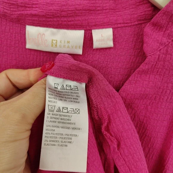 Belle Kim Gravel Womens Gauzy Preppy Lightweight Top L Hot Pink Textured VNeck - Picture 5 of 16